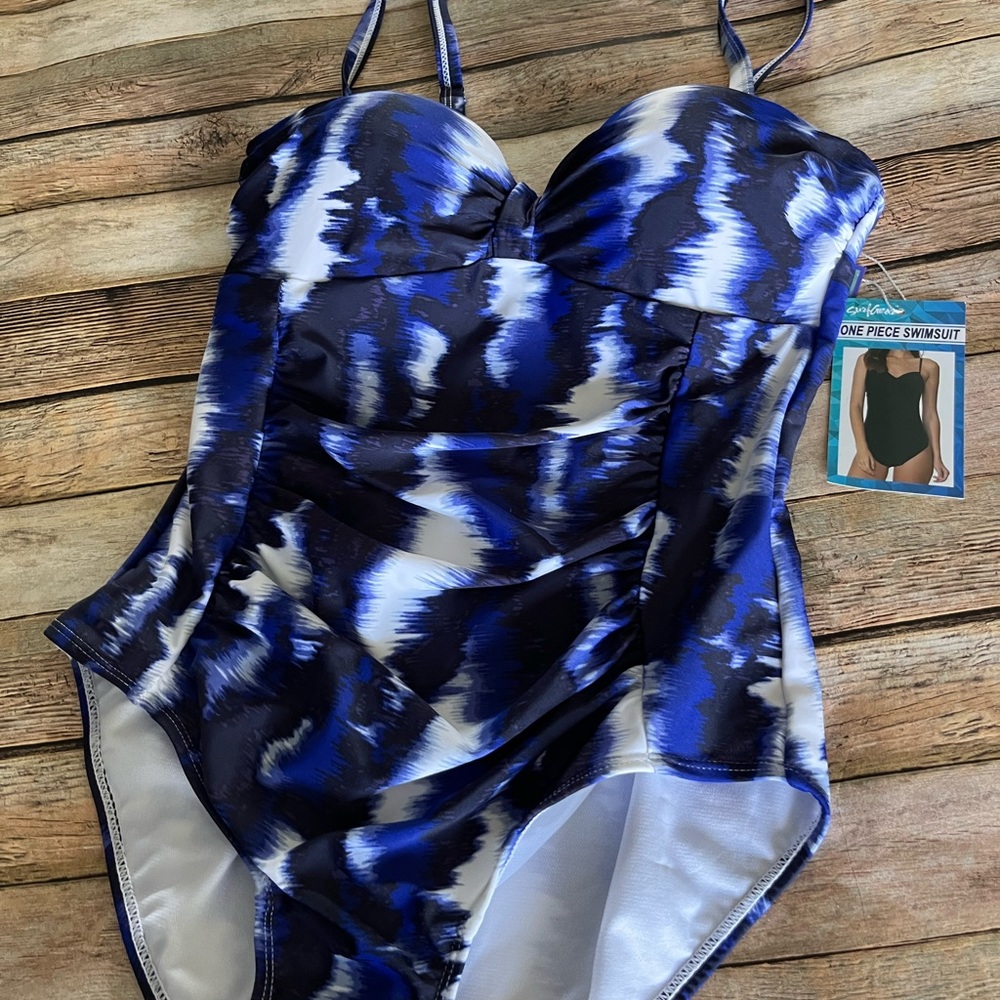 Surfgear Black & Blue Print One Piece Swim Suit Size Small NWT